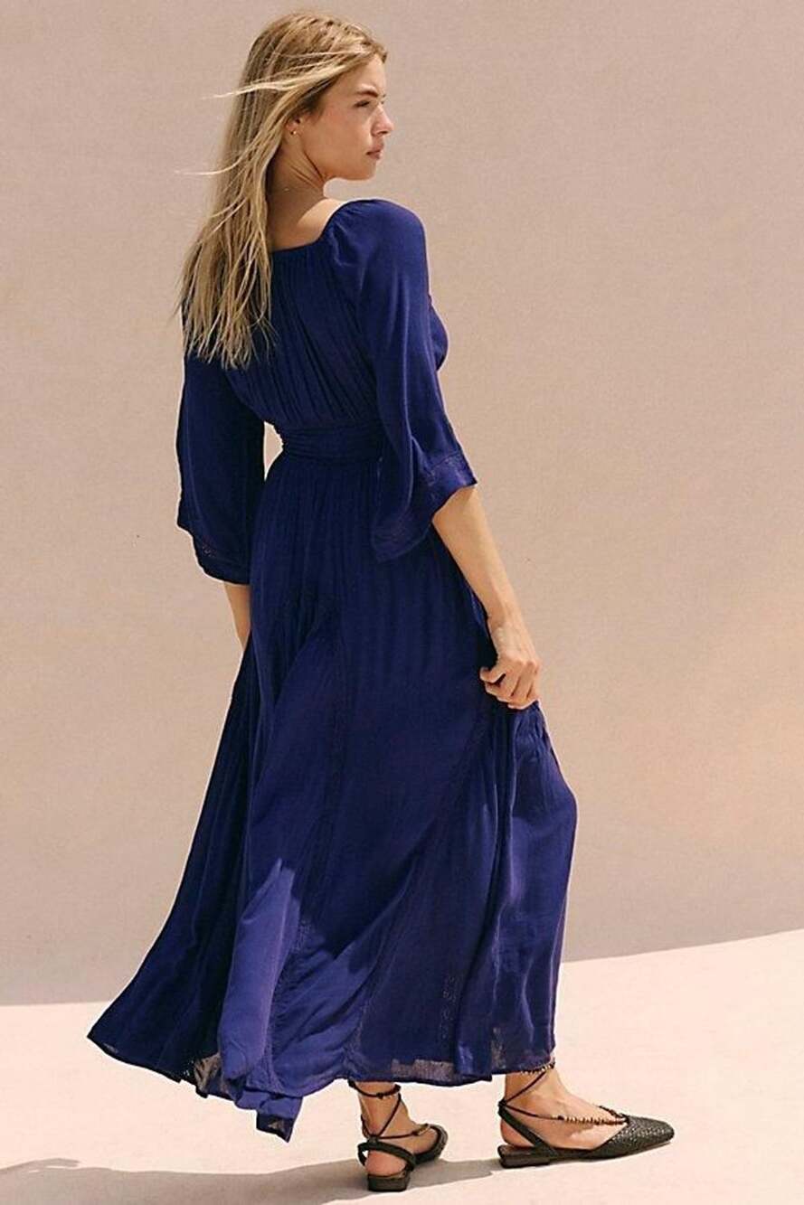 Free People Maxi Dress Size M Blue Flowy V-Neck Smocked